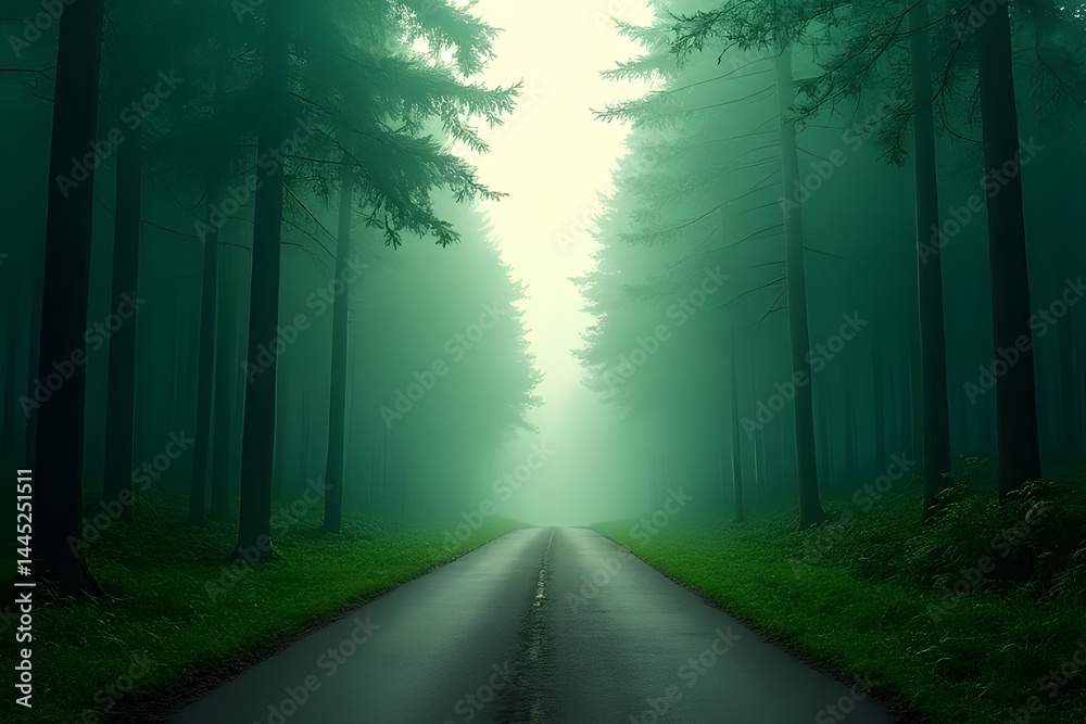 Fototapeta premium Mysterious road through foggy forest enchanting landscape nature scene serene environment inviting viewpoint