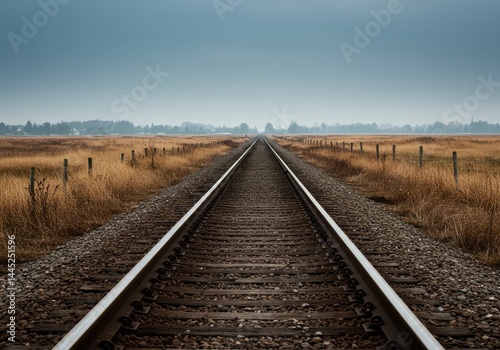 Obraz na płótnie Railway tracks stretching into the distance through a field and under a soft gray sky, evoking a sense of journey and adventure, for a travel concept or background image w salonie