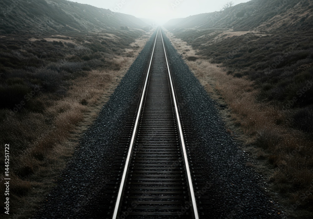 Empty railroad track fades into misty horizon. Long railway line extending through desolate landscape. Journey concept. Adventure and travel.