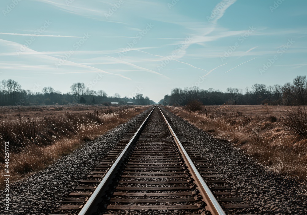 Empty railway track converging on the horizon under a pale blue sky with contrails, symbolizing lonely journey and travel adventure inspiration
