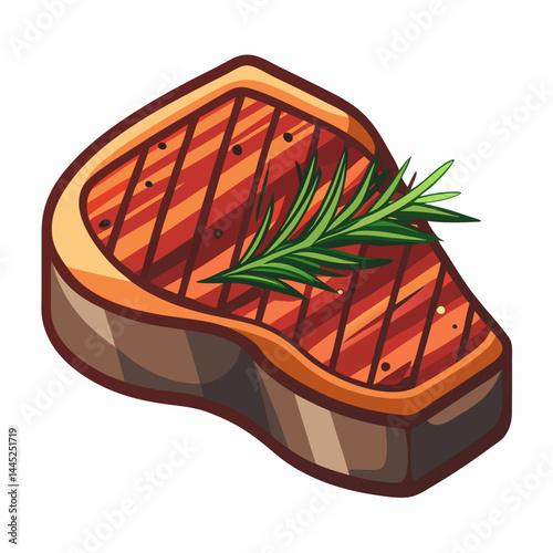 Steak garnished with rosemary and herbs, set against a dark background.