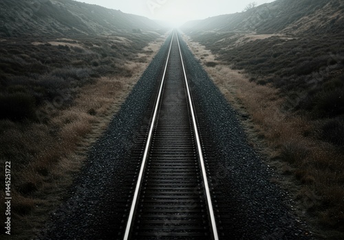 Obraz na płótnie Empty railroad track fades into misty horizon. Long railway line extending through desolate landscape. Journey concept. Adventure and travel. w salonie
