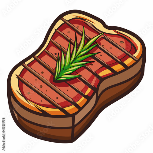 Steak garnished with rosemary and herbs, set against a dark background.