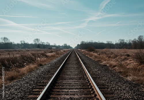 Empty railway track converging on the horizon under a pale blue sky with contrails, symbolizing lonely journey and travel adventure inspiration