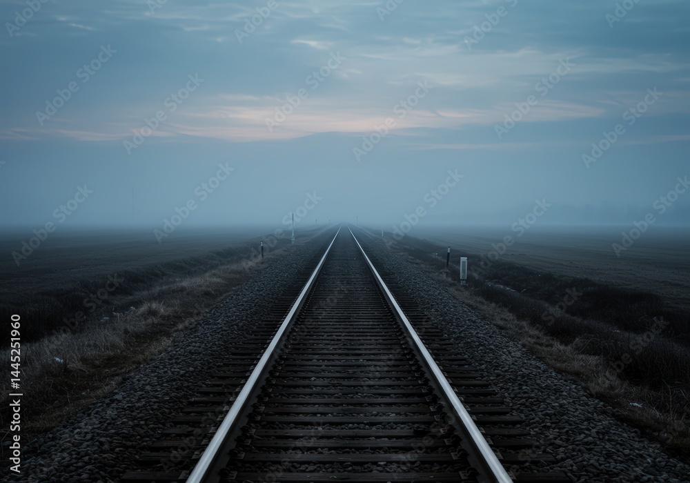 Railway track disappearing into distance through dense fog at dusk, journey into uncertainty, abstract concept of future travels and adventure, solitude on a foggy railway.