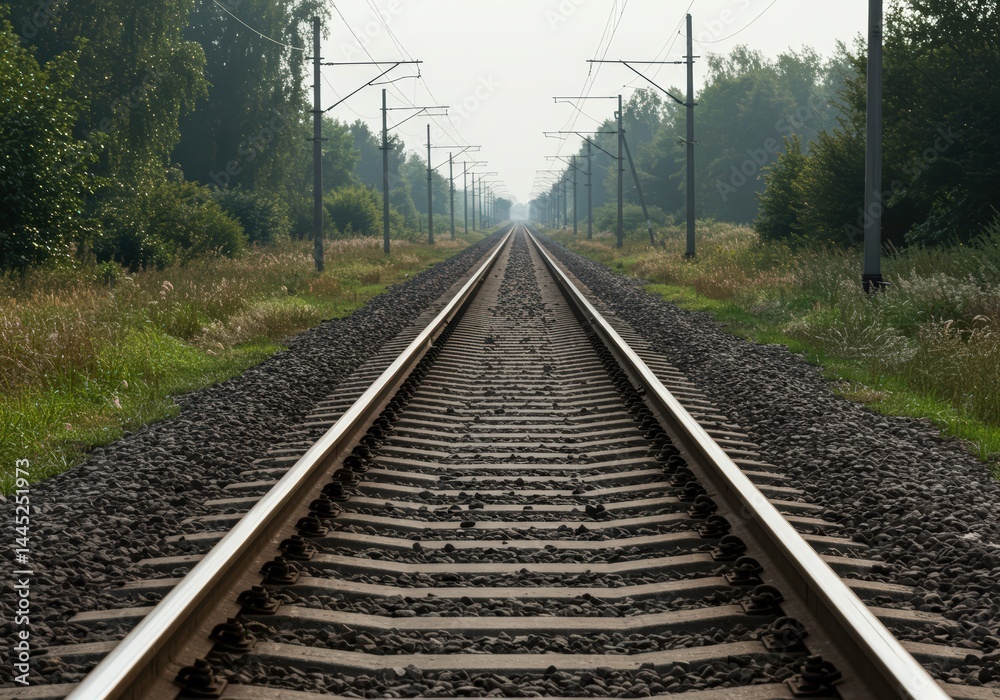 Empty railroad track stretching into the distance surrounded by trees and tall grass, concept of long journey adventure travel and forward movement.