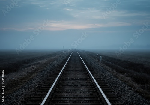 Railway track disappearing into distance through dense fog at dusk, journey into uncertainty, abstract concept of future travels and adventure, solitude on a foggy railway.