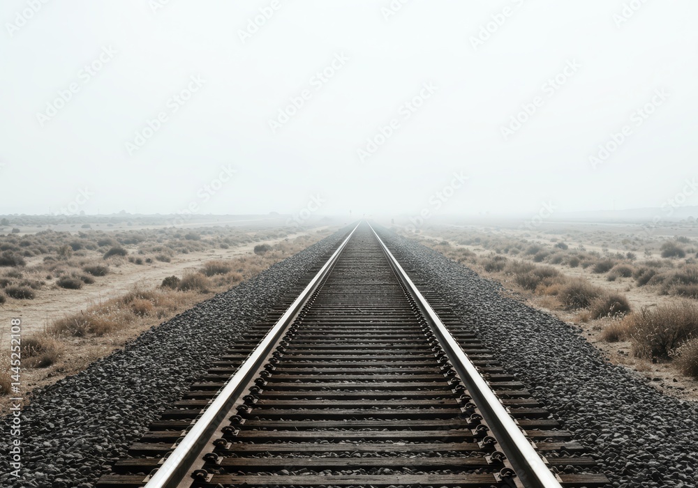 Straight railroad track extending into foggy distance, representing journey, adventure, and exploration in remote or unknown terrain, conveying a sense of limitlessness and possibility.