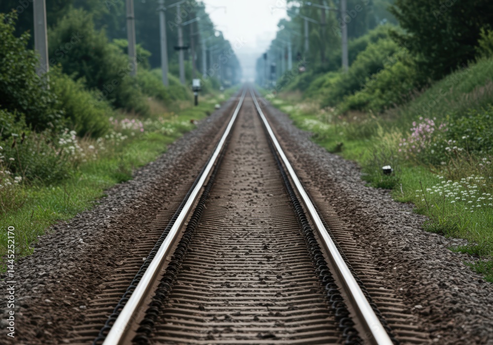 Empty railway track stretching into the distance surrounded by green trees a concept of travel journey adventure and railroad transport infrastructure