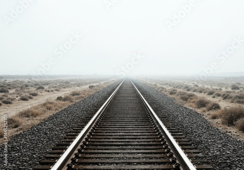 Obraz na płótnie Straight railroad track extending into foggy distance, representing journey, adventure, and exploration in remote or unknown terrain, conveying a sense of limitlessness and possibility. w salonie