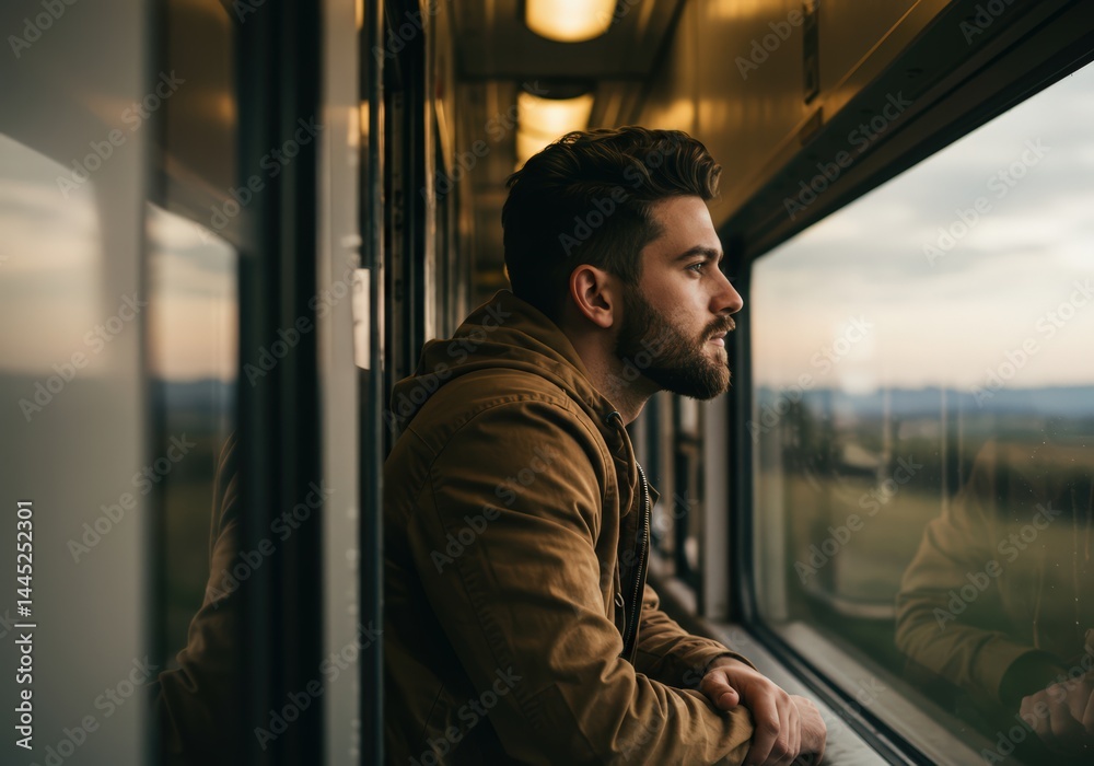 Man looking out train window. Male passenger traveling by rail contemplating during journey. Adventure and travel concept for transportation and exploring world.