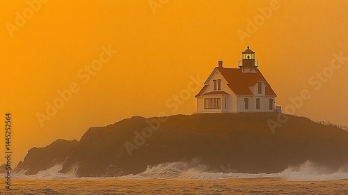 Coastal lighthouse at sunrise, dramatic golden hour