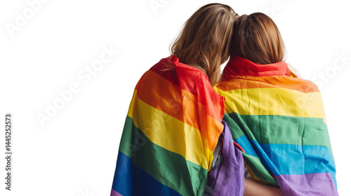 Two women embrace under a rainbow flag, celebrating love and unity at a pride event in a vibrant, welcoming atmosphere