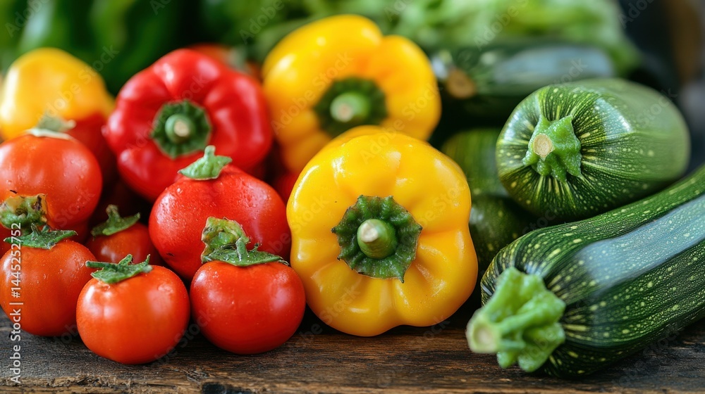 Fresh colorful vegetables including bell peppers and zucchini on wood Fresh colorful vegetables including bell peppers and zucchini on wood