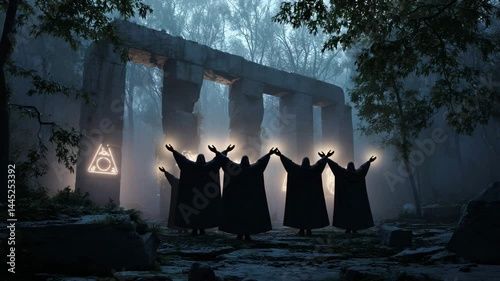 Five figures in dark robes perform a ritual before ancient stone ruins in a misty forest at night. Glowing symbols illuminate the scene, creating a mystical atmosphere.