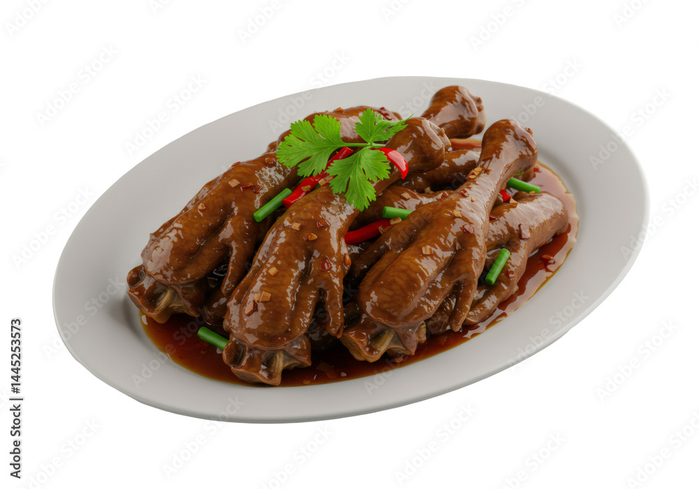 茶色の煮込み鶏の足と赤唐辛子とコリアンダーを添えた白い皿の上 茶色の煮込み鶏の足と赤唐辛子とコリアンダーを添えた白い皿の上