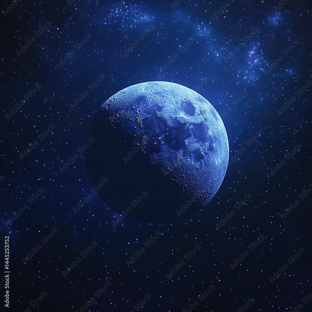 Obraz premium A stunning view of a blue planet illuminated by distant stars, showcasing the beauty of space with a dark cosmic background and hints of celestial phenomena