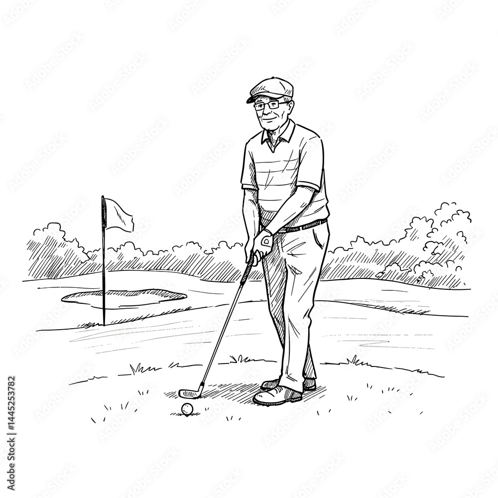 Naklejka premium Elderly man preparing to hit golf ball near green