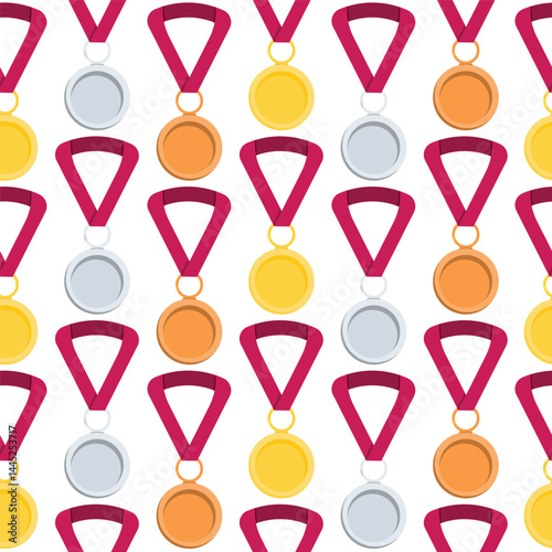 Seamless repeating pattern of medals. Medals of various denominations: gold, silver and bronze.