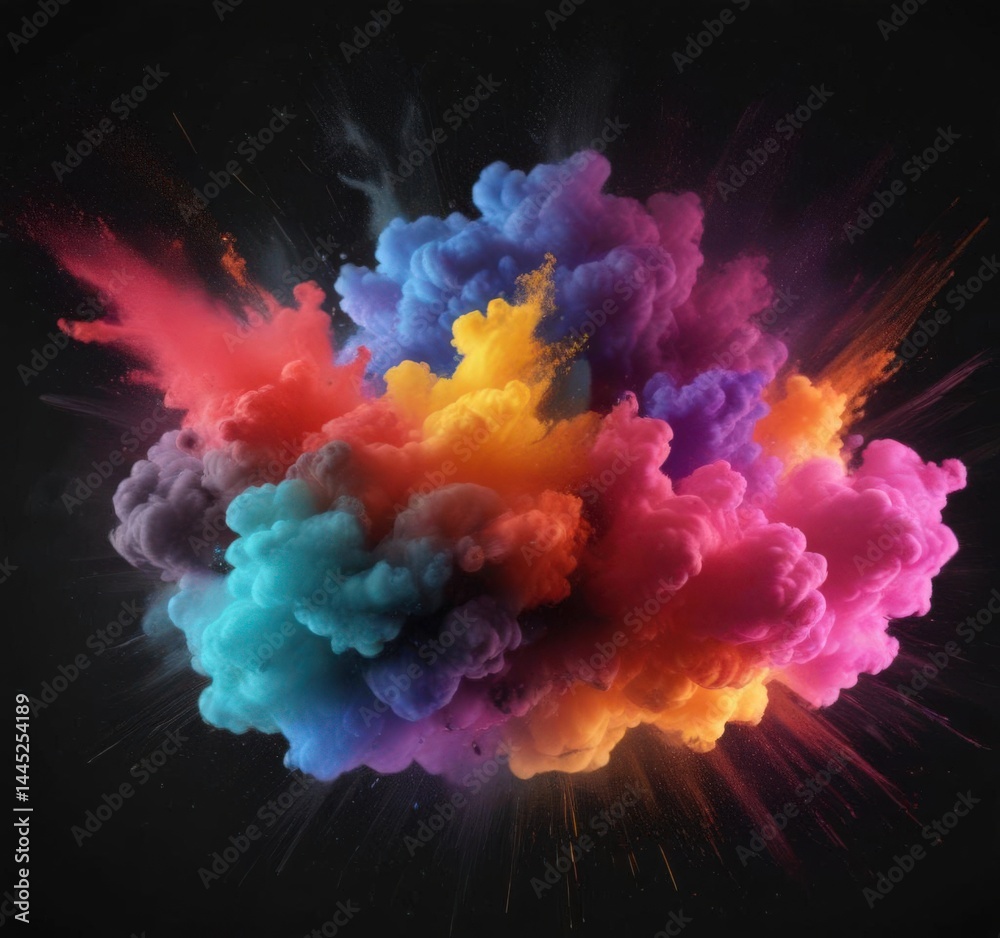Colored powder cloud explodes on black, dynamic energy , powder, display, festive Colored powder cloud explodes on black, dynamic energy , powder, display, festive