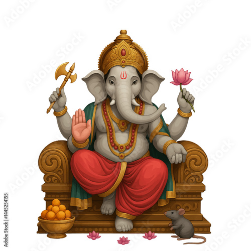 Lord Ganesh Sitting on Throne Holding Lotus and Axe with Modak and Mouse on White Background
