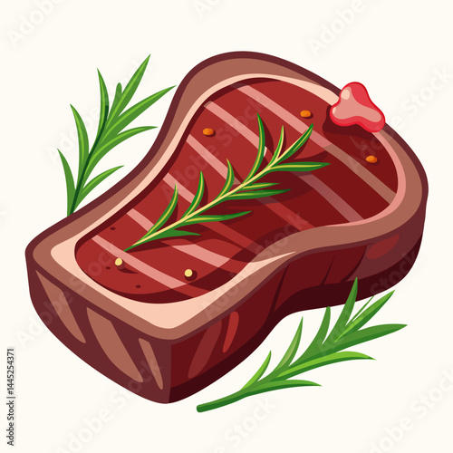Steak garnished with rosemary and herbs, set against a dark background.