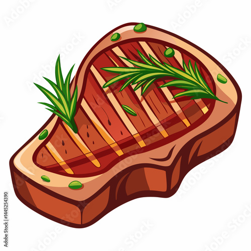 Steak garnished with rosemary and herbs, set against a dark background.
