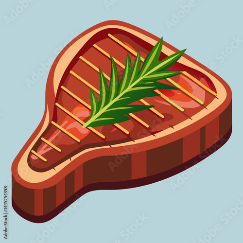 Steak garnished with rosemary and herbs, set against a dark background.