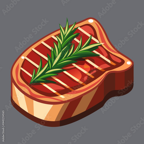Steak garnished with rosemary and herbs, set against a dark background.