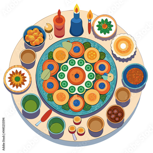 A pizza on a round table, accompanied by a candle and a knife, creating a cozy dining atmosphere.