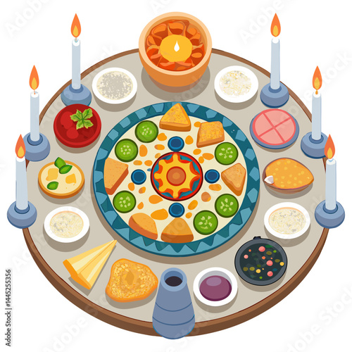 A pizza on a round table, accompanied by a candle and a knife, creating a cozy dining atmosphere.