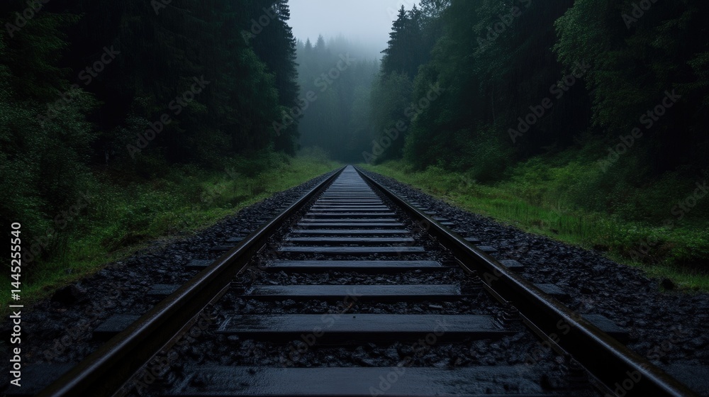 Railroad tracks through a misty forest Railroad tracks through a misty forest