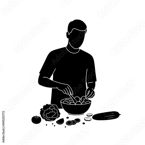 Man Preparing Fresh Salad Healthy Meal Black Vector Silhouette