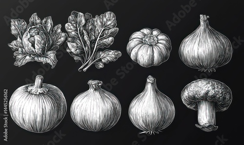 Detailed hand-drawn illustrations of various vegetables including onions, garlic, mushrooms, and leafy greens