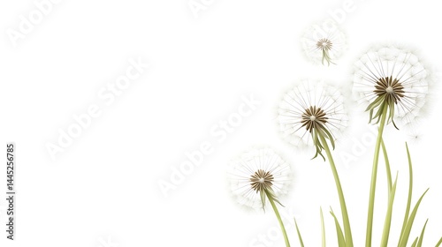 Dandelion seed heads floating against white background