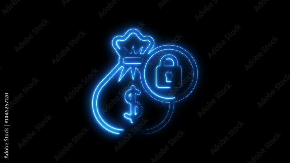 Secure digital banking neon style money bag and padlock icon animation Secure digital banking neon style money bag and padlock icon animation