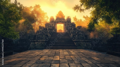 Golden Sunrise at Ancient Temple Gate with Mystical Asia.