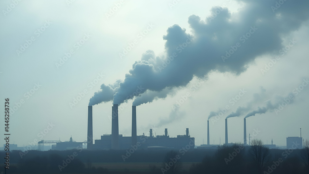 Industrial smoke plumes billowing from factory chimneys into overcast sky highlighting air pollution intensity and regulatory enforcement challenges in Photo Stock Concept and empty space on the le Industrial smoke plumes billowing from factory chimneys into overcast sky highlighting air pollution intensity and regulatory enforcement challenges in Photo Stock Concept and empty space on the le