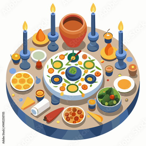 A pizza on a round table, accompanied by a candle and a knife, creating a cozy dining atmosphere.
