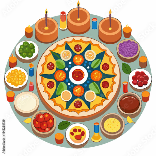 A pizza on a round table, accompanied by a candle and a knife, creating a cozy dining atmosphere.