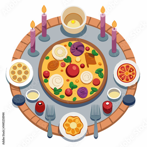 A pizza on a round table, accompanied by a candle and a knife, creating a cozy dining atmosphere.