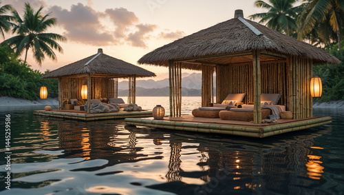 Tropical resort cabanas on water with sunset ambiance for relaxation photo