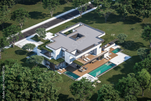 3d rendering of two-story house with parking and pool for sale or rent with concrete facade and beautiful landscaping on background. Clear sunny summer day with blue sky.