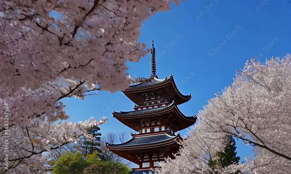 Tiered Pagoda Framed by Blossoming Cherry Trees Against a Clear Blue Sky Capturing the Spring Season