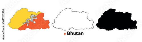 Bhutan Map Vector - Country Outline, Flag Inside Map, Blank and Silhouette Version