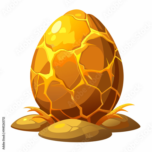 Golden egg with visible cracks, isolated on a white background, showcasing its textured surface and unique design.