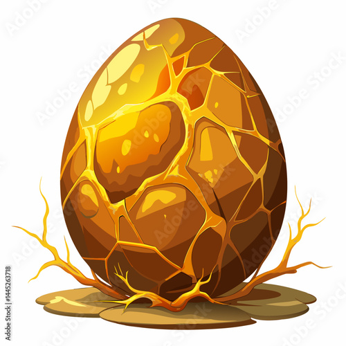 Golden egg with visible cracks, isolated on a white background, showcasing its textured surface and unique design.