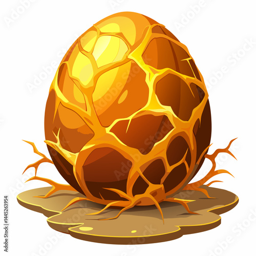 Golden egg with visible cracks, isolated on a white background, showcasing its textured surface and unique design.