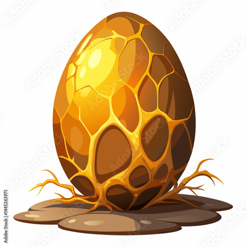 Golden egg with visible cracks, isolated on a white background, showcasing its textured surface and unique design.