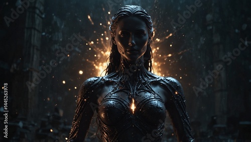 A statue of Elophia, the dirge of destruction, her chest shattered open, revealing the glow of collapsing stars within